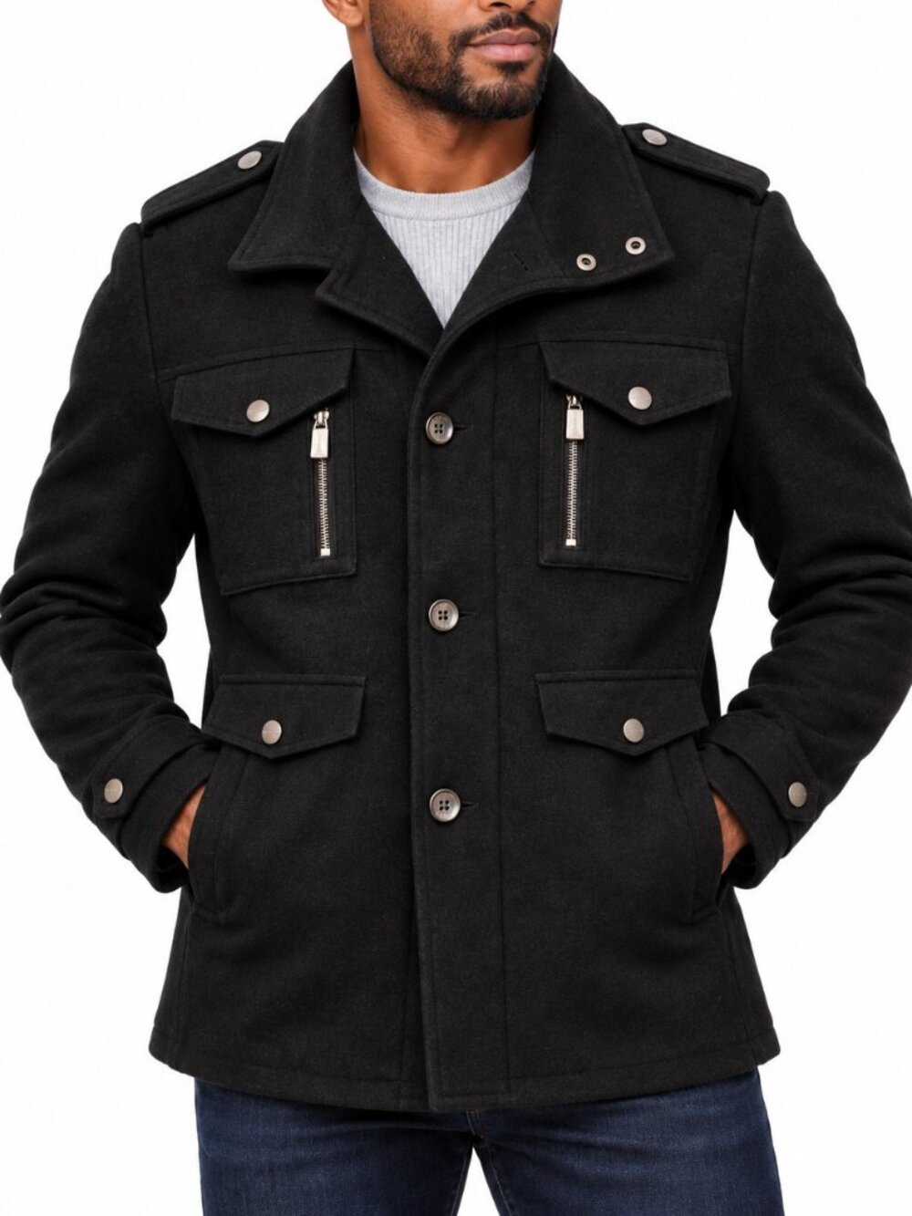 Michael Kors Wool Field Coat Mens S Black Military Jacket Epaulets Quilted Cargo